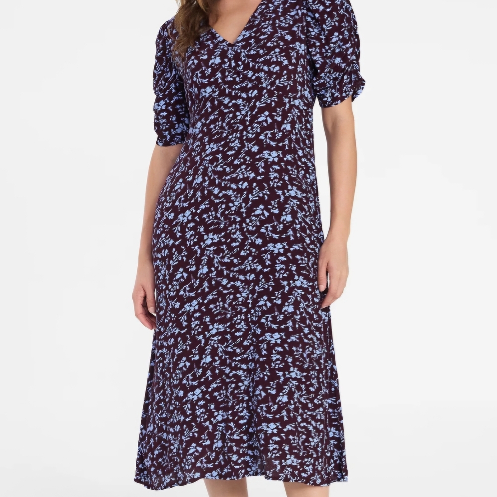 Time and Tru Burgundy Floral Midi Dress V-Neck Ruched Sleeves Size S